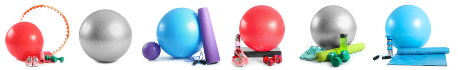 Set of sports equipment with fitness balls on white background