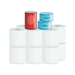 set of cans tuna food with set of toilet paper vector illustration design