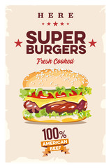 Fast food vintage vector poster. Hamburger