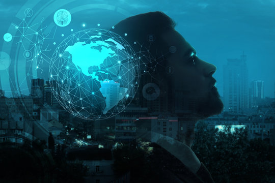 Triple exposure of businessman, model of Earth and modern city