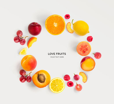 Creative layout made of various fruits arranged in circle. Flat lay. Food concept.