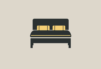 Twin bed icon with soft blanket and pillows. Isolated vector sign. Bedroom spictogram.
