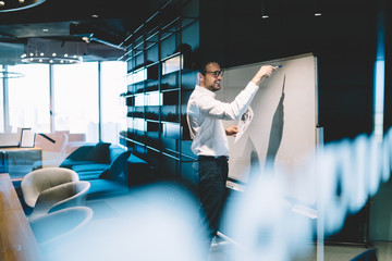 Happy businessman presenting startup in conference room