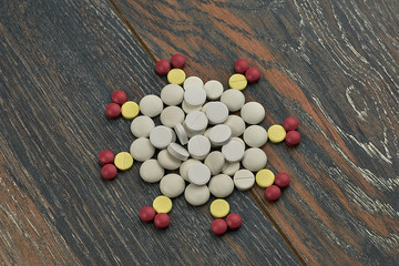 many pills scattered on the table are relevant during the covid-19 pandemic