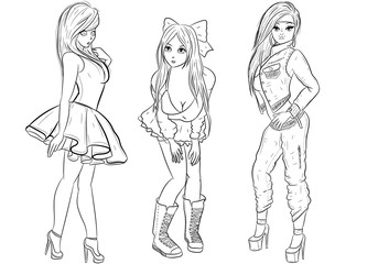 Line art of three girls standing up for coloring books. Fashion models sketch and cartoon.