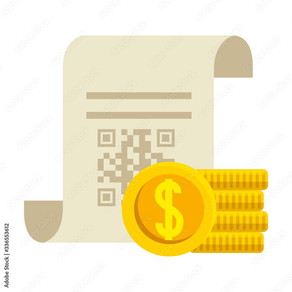 Poster qr code over receipt paper and coins design of technology scan information business price communicat