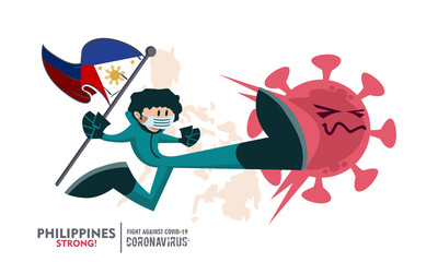 Fototapeta premium Person with biohazard suit holding national flag fighting coronavirus pandemic or coronavirus outbreake 2019 COVID-19. National map on background. Scalable and editable vector illustration.