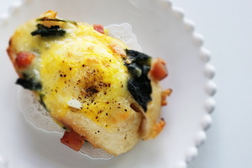 Homemade cheese and poached egg toast for gourmet breakfast