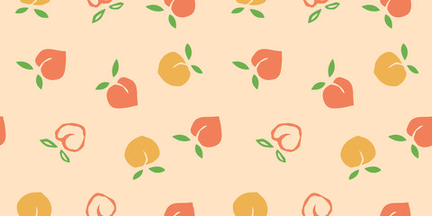 Seamless peaches fruit vector pattern with polka dots. Hand drawn orange and pink fruit art for wallpaper textile fabric designs. Cute vector illustrations in cartoon style.