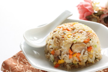 Chinese food, chicken and carrot fried rice on white plate