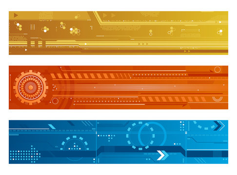 Vector set of 3 futuristic banners in yellow, orange and blue with various details: hexagons, arrows, cog wheels, binary code, abstract shapes. Themes: cyberspace, technology, science fiction