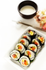 Korean food, ham and vegetable rice roll