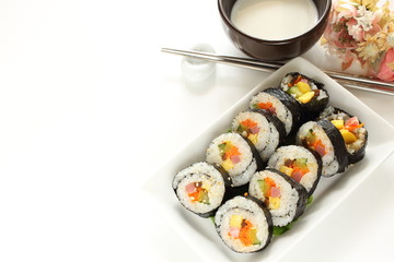 Korean food, ham and vegetable rice roll
