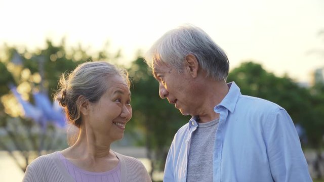 loving old asian couple talking while taking a walk outdoors in park