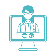 online doctor, female physician video computer consultant medical protection covid 19, line style icon