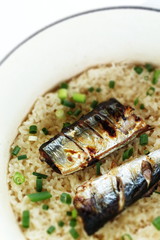 Japanese food, pacific saury and steamed rice 
