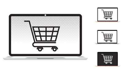 online shopping cart on laptop flat icons.