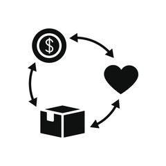 charity and donation concept, charity aid cycle with money, heart and box icon, silhouette style