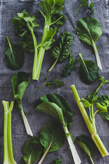 plant-based food ingredients, mixed green leaves including celery and bok choy on tea towels after having been washed