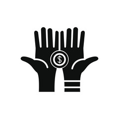 charity and donation concept, open hands with money coin icon, silhouette style