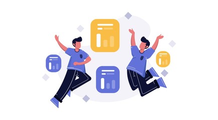 Young people flying and interacting with data information. Business and work flow management concept illustration