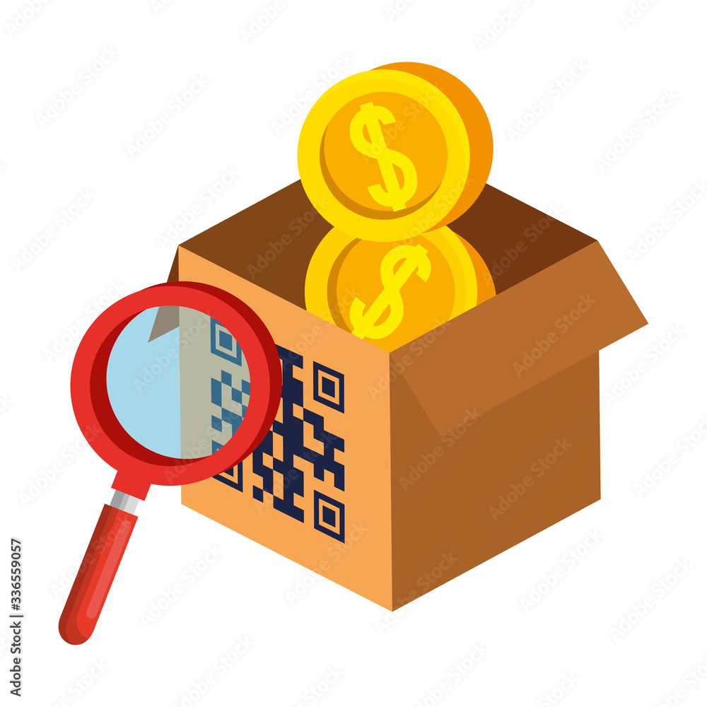 Poster qr code over box lupe and coins design of technology scan information business price communication b