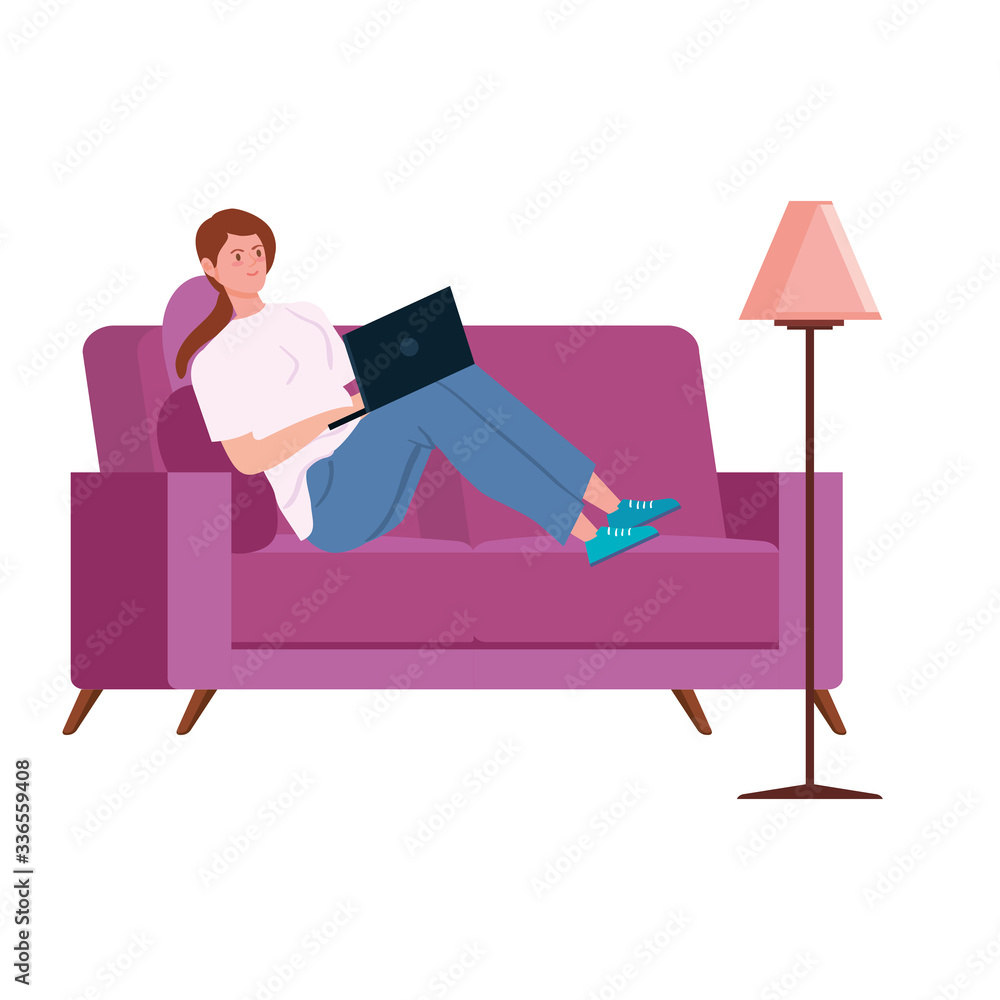 Canvas Prints woman working in telecommuting sitting in couch vector illustration design