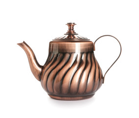 Teapot of tasty Turkish tea on white background