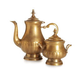 Teapot of tasty Turkish tea on white background