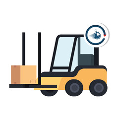 box package cargo in forklift with chronometer vector illustration design