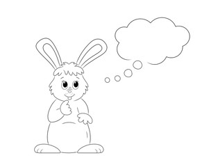 cartoon rabbit thinking. free space for text in a speech bubble. black and white