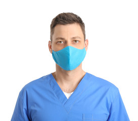 Doctor in protective medical mask on white background