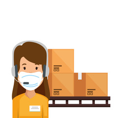 woman agent call center using face mask with boxes carton vector illustration design