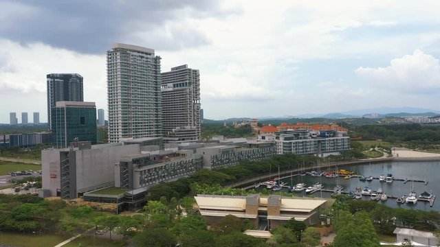 4K Aerial view of Modern mix development building near lakeside. Iskandar Puteri, Johor Bahru