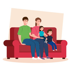 campaign stay at home with family in living room vector illustration design