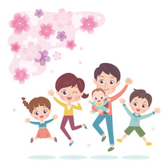 Illustration of a family of five enjoying watching the Japanese cherry tree