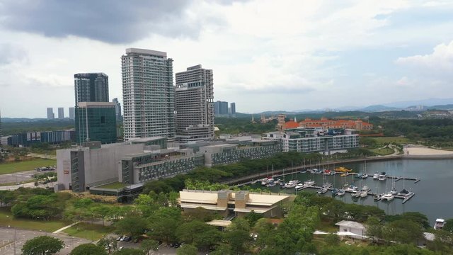 4K Aerial view of Modern mix development building near lakeside. Iskandar Puteri, Johor Bahru