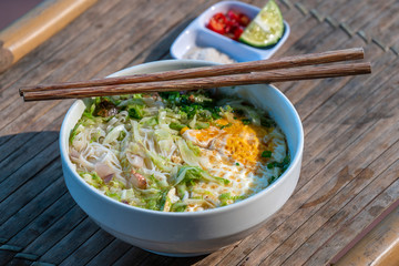 Rice noodle soup with many delicious ingredients