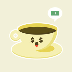 Cup emoji with cface expression . Colored beautiful flat design cup character in flat designs with cute cartoon face. Kawaii Hot coffee and tea.