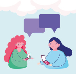 people and smartphone, women using mobile texting chatting cartoon