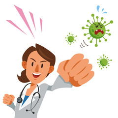 Female doctor fights virus with strong punch. Concept to fight off COVID-19. Vector illustration in flat cartoon style.