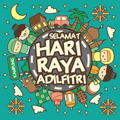 Hari Raya Aidilfitri celebration scene greetings template with wooden house, cow, cresent moon, mosque, pelita, fireworks, car, ketupat (rice dumpling). (translation: Happy Fasting Day
