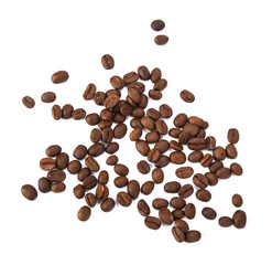 Roasted coffee beans pile from top on white background