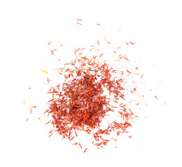 Dried safflower isolated on white background. Top view - obrazy, fototapety, plakaty