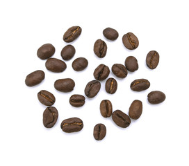 Roasted coffee beans pile from top on white background