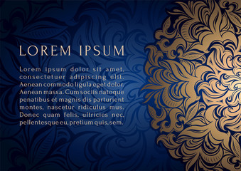 Blue ultramarine and gold luxury background vector. Islamic paisley mandala royal pattern card template. Ethnic design for Ramadan, Christmas, New year, beauty spa salon, wedding, invitation