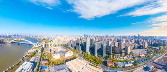 City scenery around Lupu Bridge in Shanghai, China