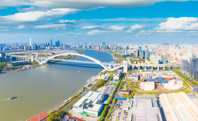 City scenery around Lupu Bridge in Shanghai, China