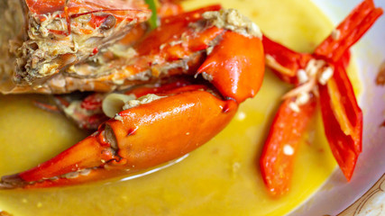 Indonesia crab curry garnished with red chili. Focus on the big claw