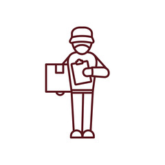 delivery man standing and holding a box and report clipboard icon, line style